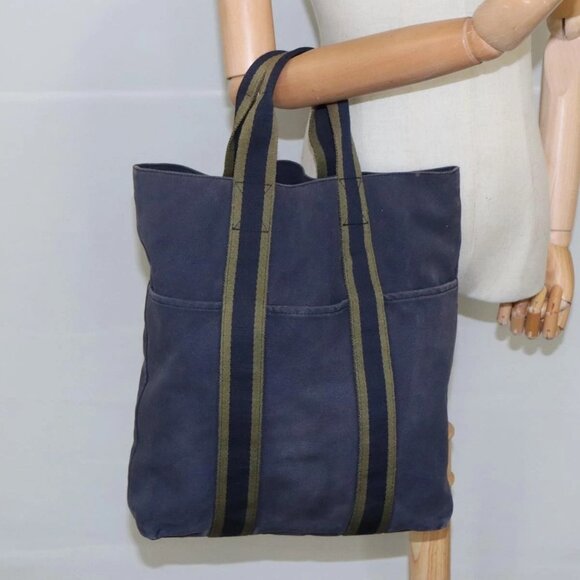 HERMES Fourre Tout cabas Tote Bag Canvas Navy Khaki Auth bs20268 - Picture 3 of 16